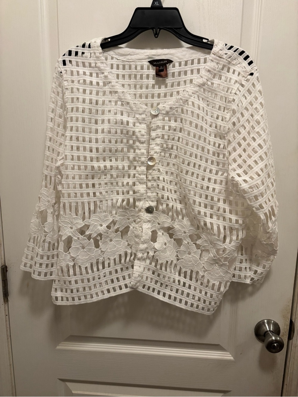 Multiples White Crochet Grid Button-Front Blouse